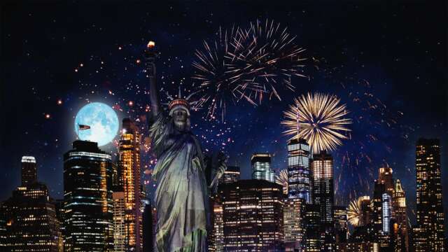 New York (NY) Manhattan Skyline Fireworks Celebration 4th Of July Independence Day Starry Night Background Mood Video Footage [Digital]