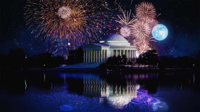 Washington DC, District of Columbia Jefferson Memorial Monument, Fireworks Celebration 4th Of July Independence Day Starry Night [Digital]